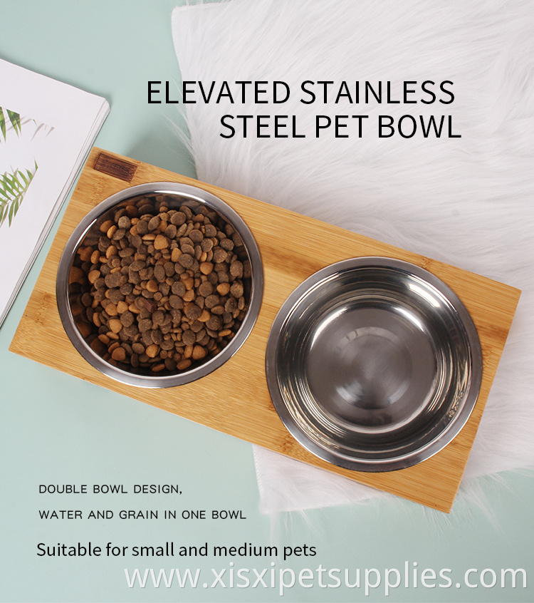 Factory Wholesale Double Stainless Steel Cat Dog Pet Bowls & Feeders Luxury Pet Bowls With Elevated Bamboo Stand